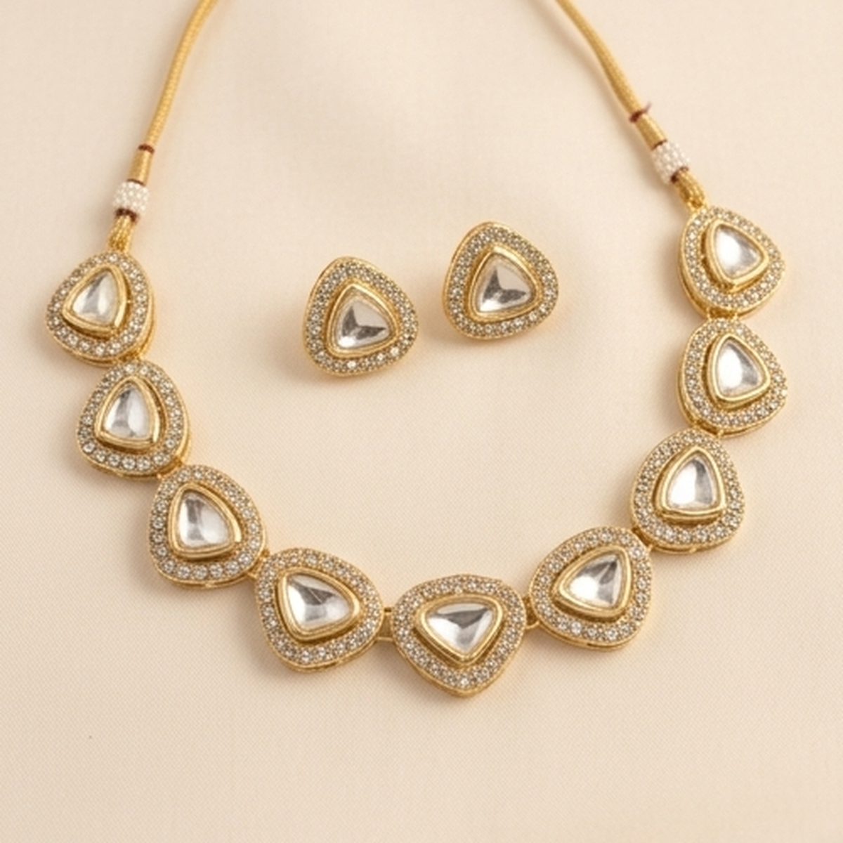 DIVYORO ELEGANT TRIANGLE POLKI STONE NECKLACE SET