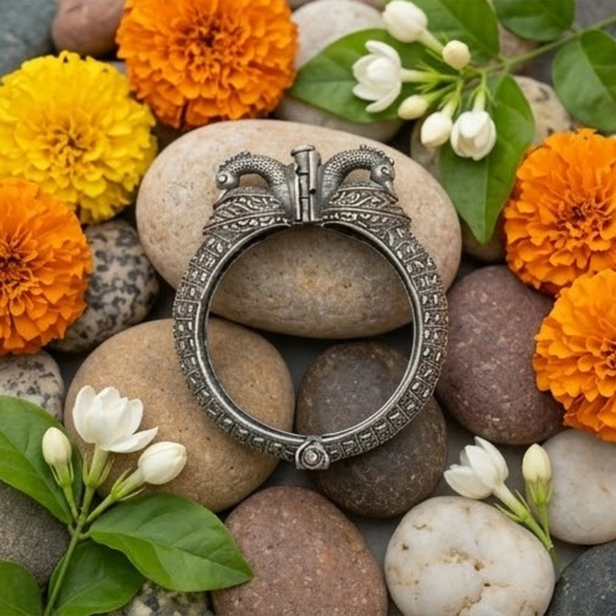 DIVYORO ETHNIC PEACOCK DESIGN OXIDIZED KADA