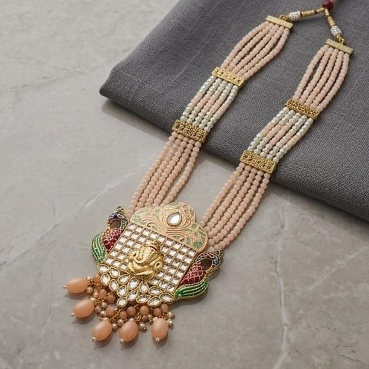 DIVYORO GANESHA-EMBOSSED PEACH BEAD MULTI-LAYERED NECKLACE