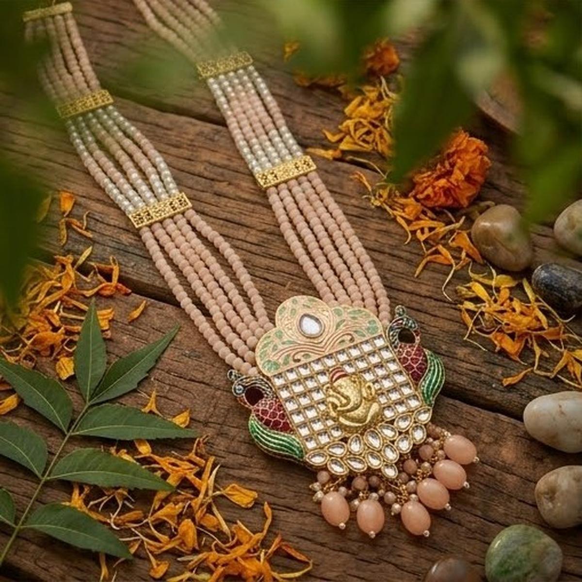 DIVYORO GANESHA-EMBOSSED PEACH BEAD MULTI-LAYERED NECKLACE