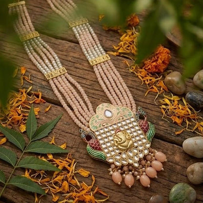 DIVYORO GANESHA-EMBOSSED PEACH BEAD MULTI-LAYERED NECKLACE