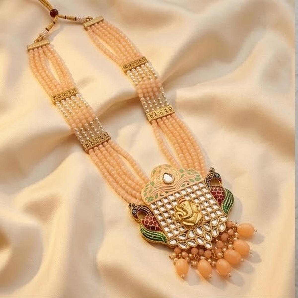 DIVYORO GANESHA-EMBOSSED PEACH BEAD MULTI-LAYERED NECKLACE