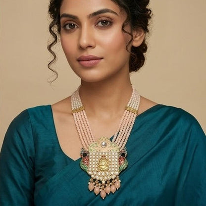 DIVYORO GANESHA-EMBOSSED PEACH BEAD MULTI-LAYERED NECKLACE