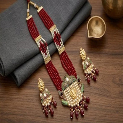 DIVYORO TRADITIONAL GANESHA MOTIF MULTI-STRAND RUBY BEAD NECKLACE SET