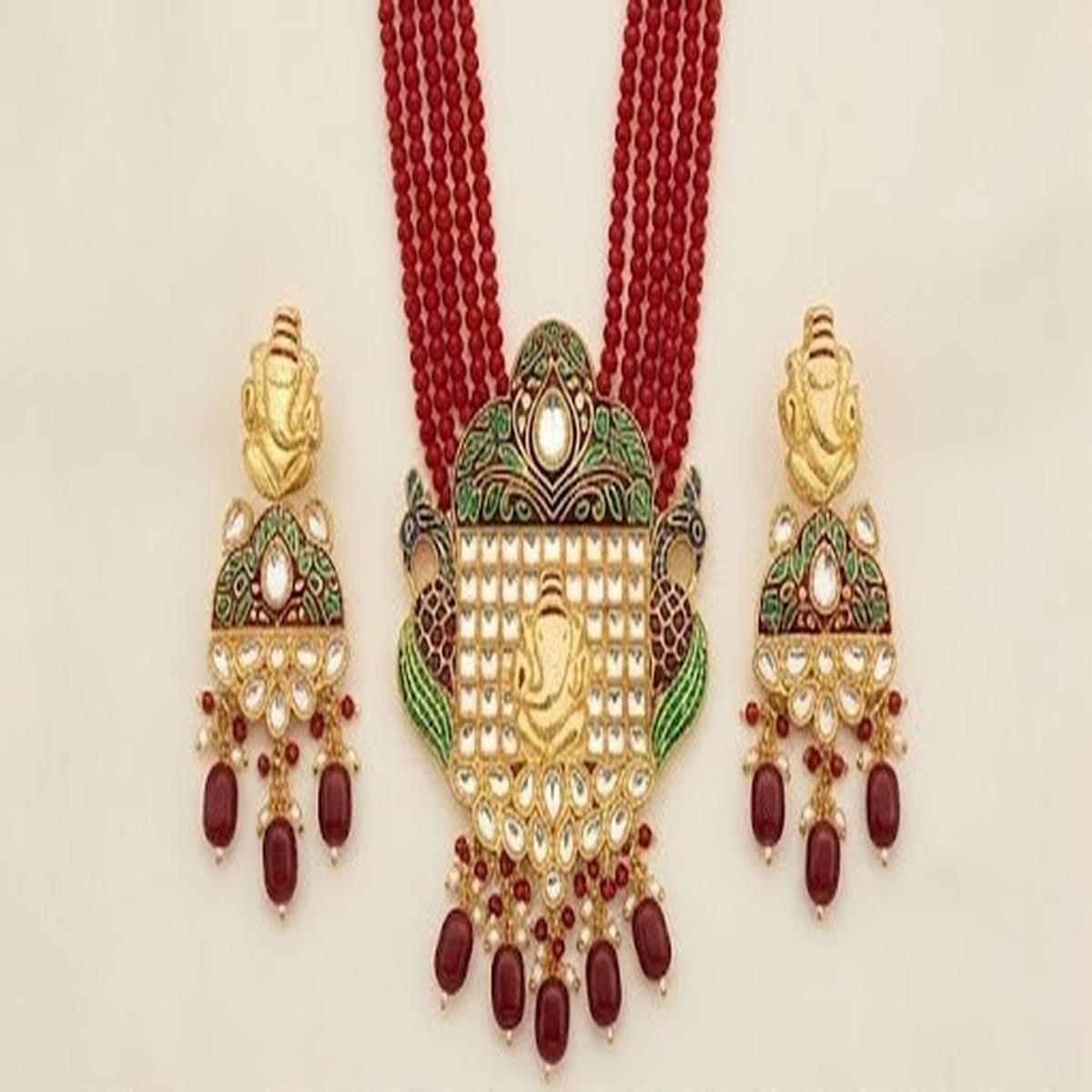 DIVYORO TRADITIONAL GANESHA MOTIF MULTI-STRAND RUBY BEAD NECKLACE SET