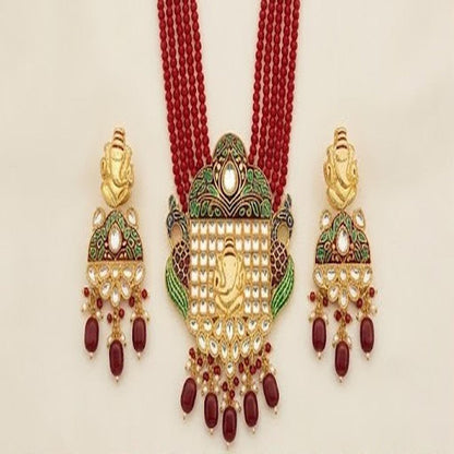 DIVYORO TRADITIONAL GANESHA MOTIF MULTI-STRAND RUBY BEAD NECKLACE SET