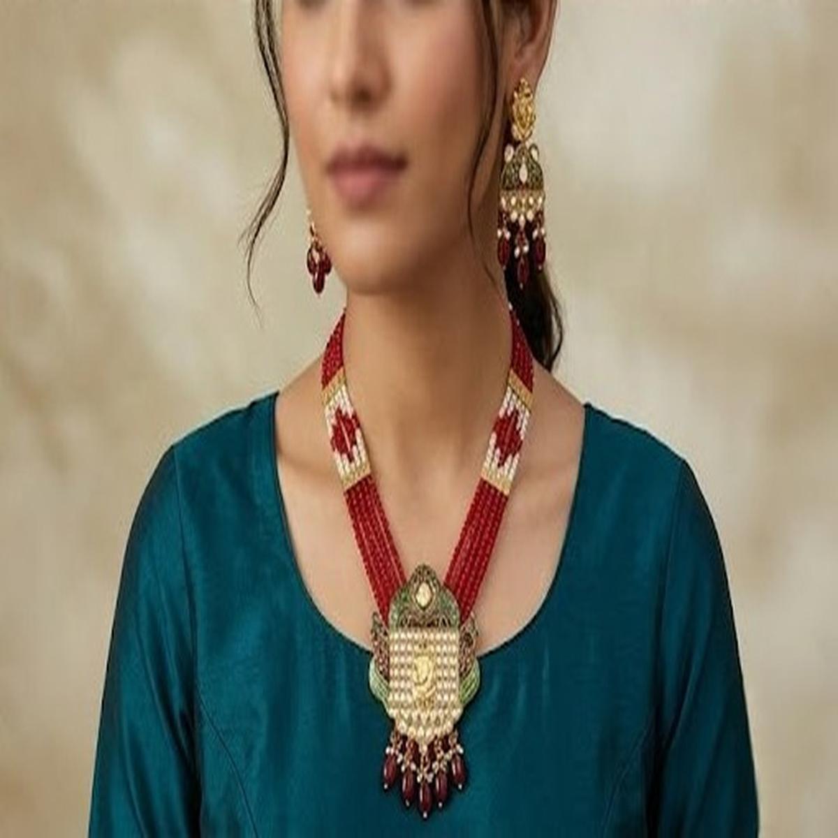 DIVYORO TRADITIONAL GANESHA MOTIF MULTI-STRAND RUBY BEAD NECKLACE SET