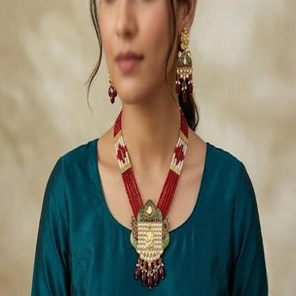 DIVYORO TRADITIONAL GANESHA MOTIF MULTI-STRAND RUBY BEAD NECKLACE SET