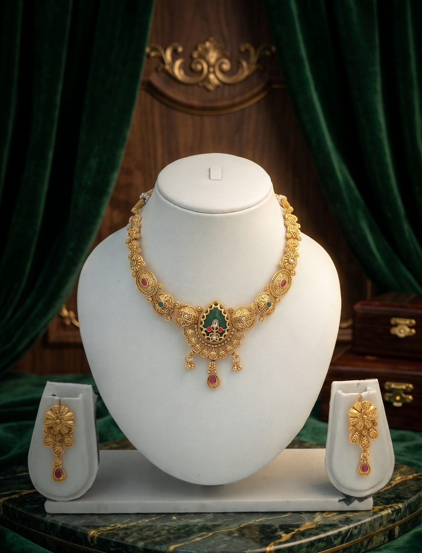 DIVYORO EMERALD PEAR DROP ANTIQUE GOLD JEWELRY SET