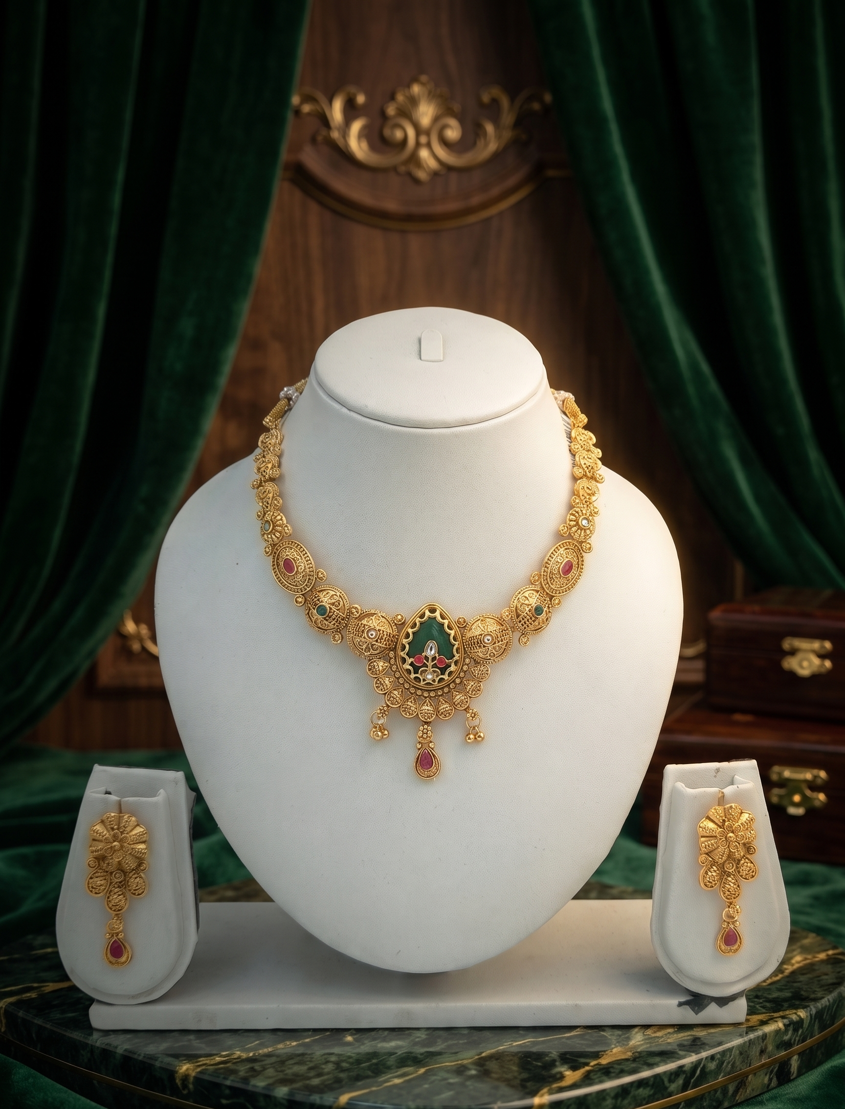 DIVYORO EMERALD PEAR DROP ANTIQUE GOLD JEWELRY SET