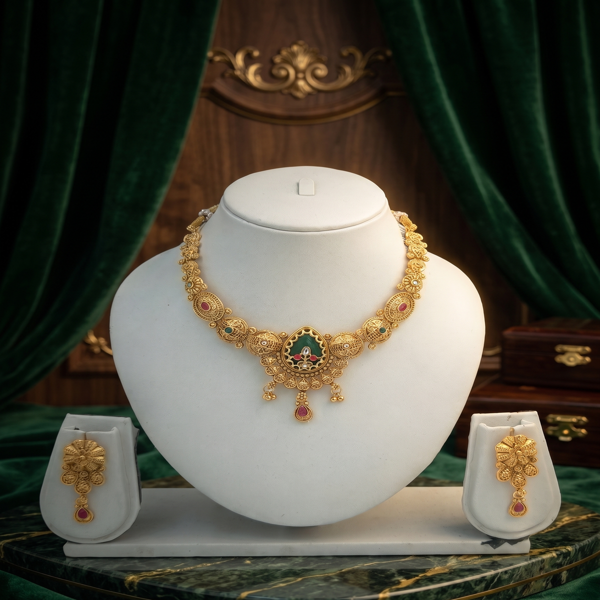 DIVYORO EMERALD PEAR DROP ANTIQUE GOLD JEWELRY SET