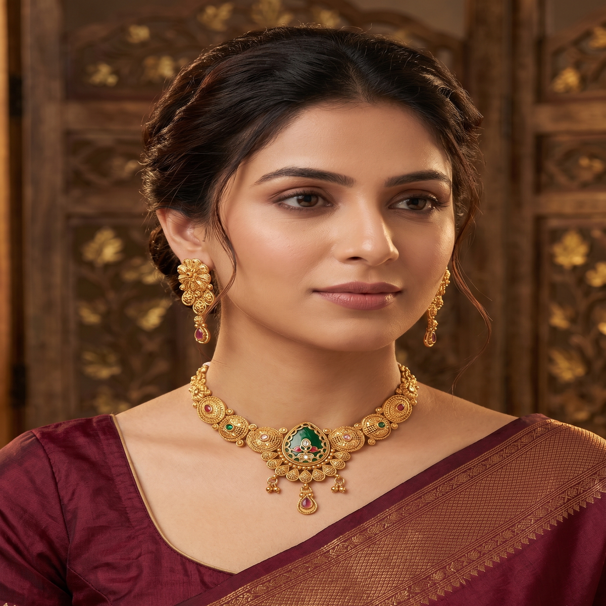 DIVYORO EMERALD PEAR DROP ANTIQUE GOLD JEWELRY SET