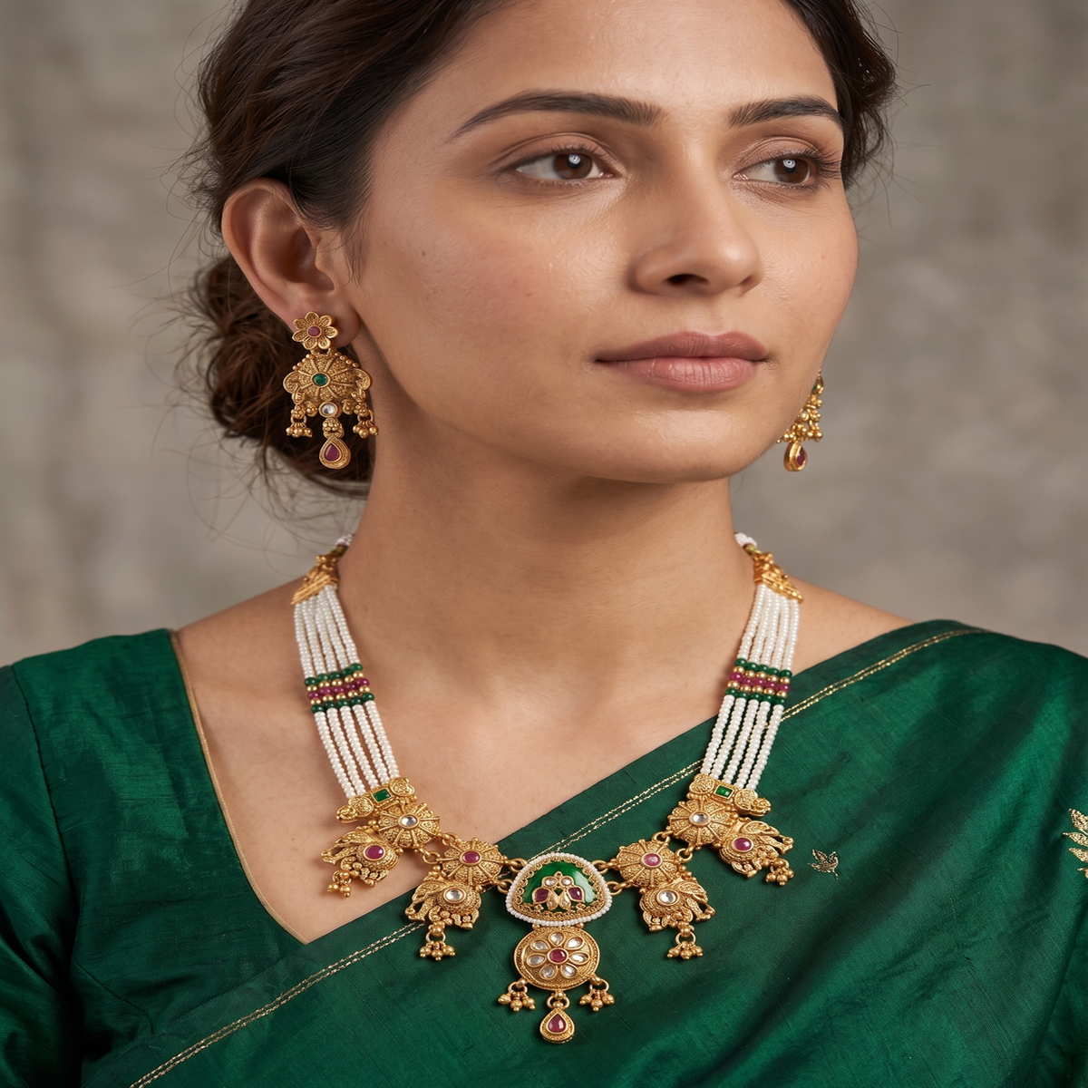 DIVYORO REGAL EMERALD FLORAL TRADITIONAL NECKLACE SET