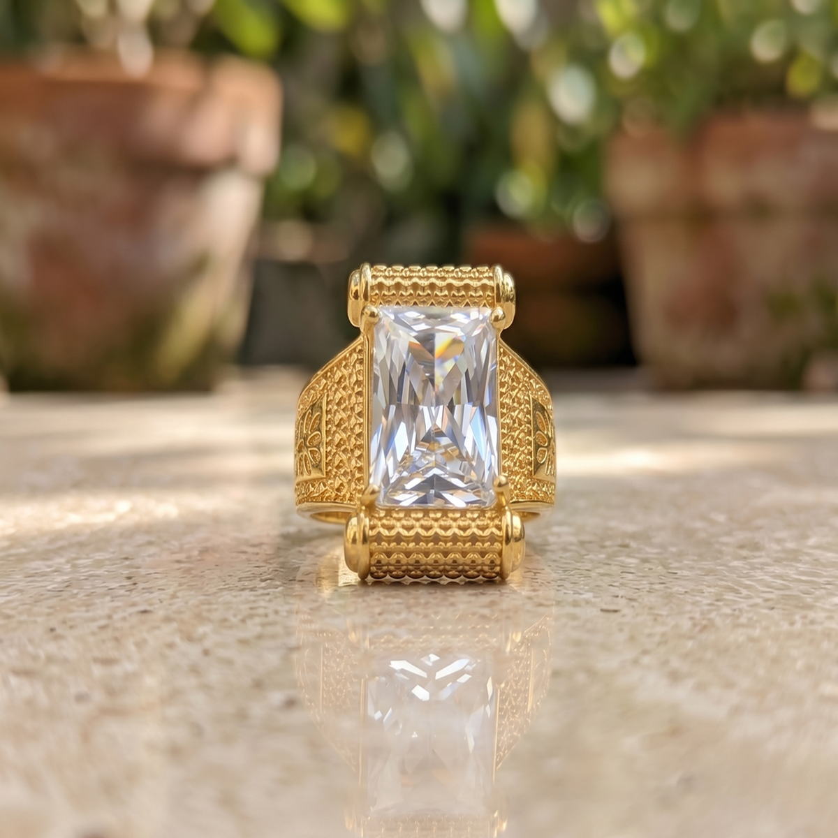 DIVYORO EMERALD-CUT SOLITAIRE ARCHITECTURAL SCROLL RING
