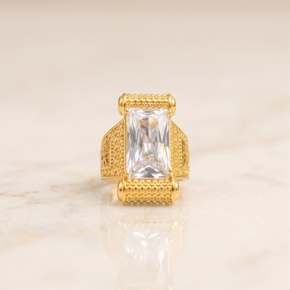DIVYORO EMERALD-CUT SOLITAIRE ARCHITECTURAL SCROLL RING