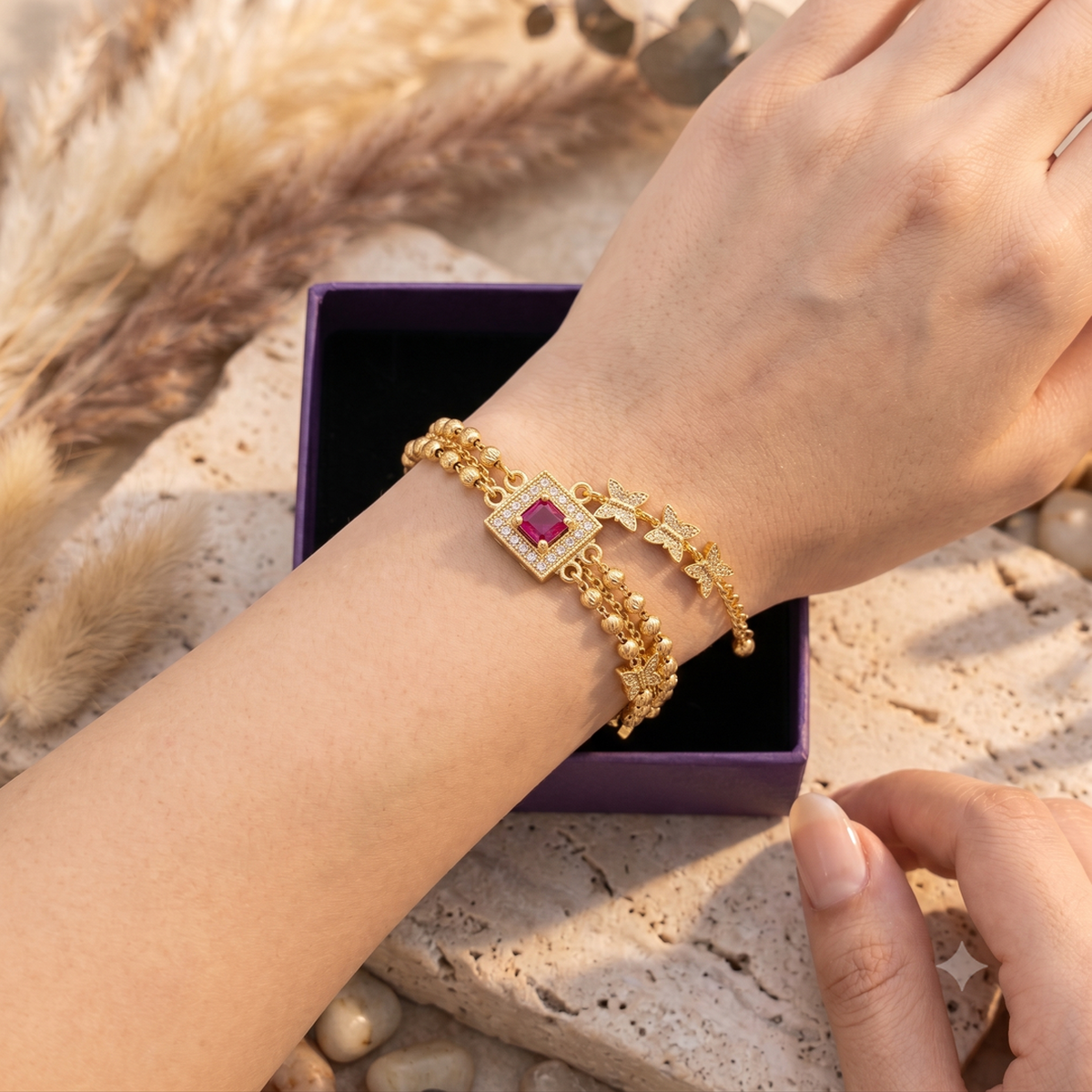 DIVYORO ELEGANT GOLD BRACELET WITH GEMSTONE-STUDDED