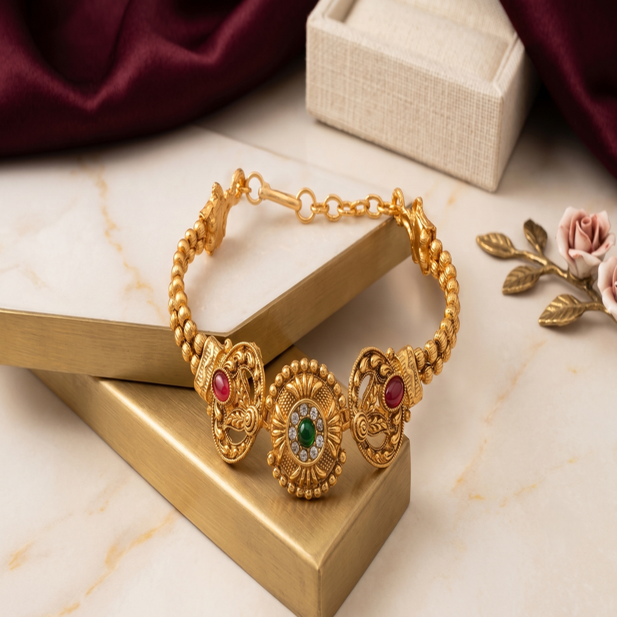 DIVYORO ROYAL FLORAL GOLD BRACELET WITH MARQUISE-CUT STONE DETAILING