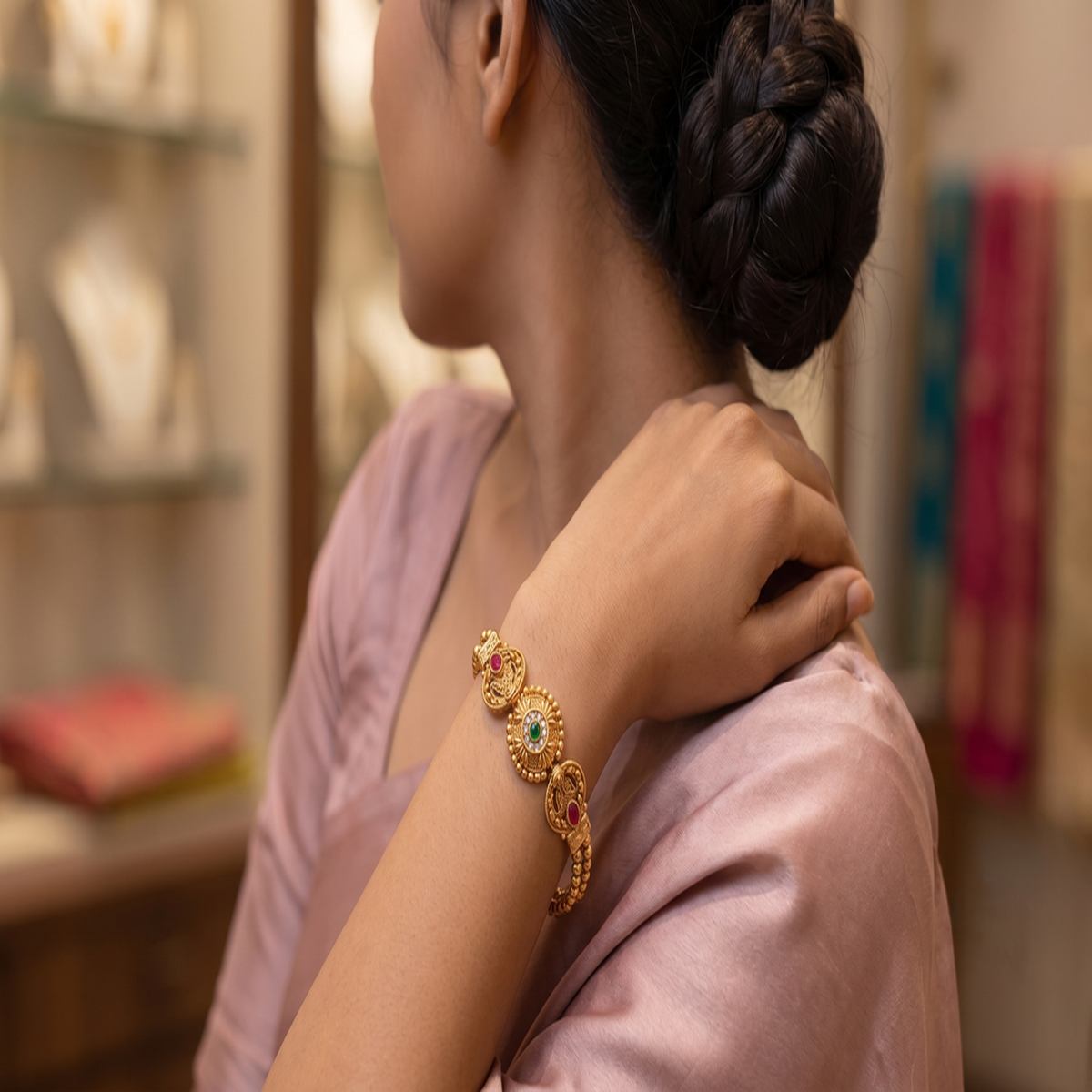 DIVYORO ROYAL FLORAL GOLD BRACELET WITH MARQUISE-CUT STONE DETAILING