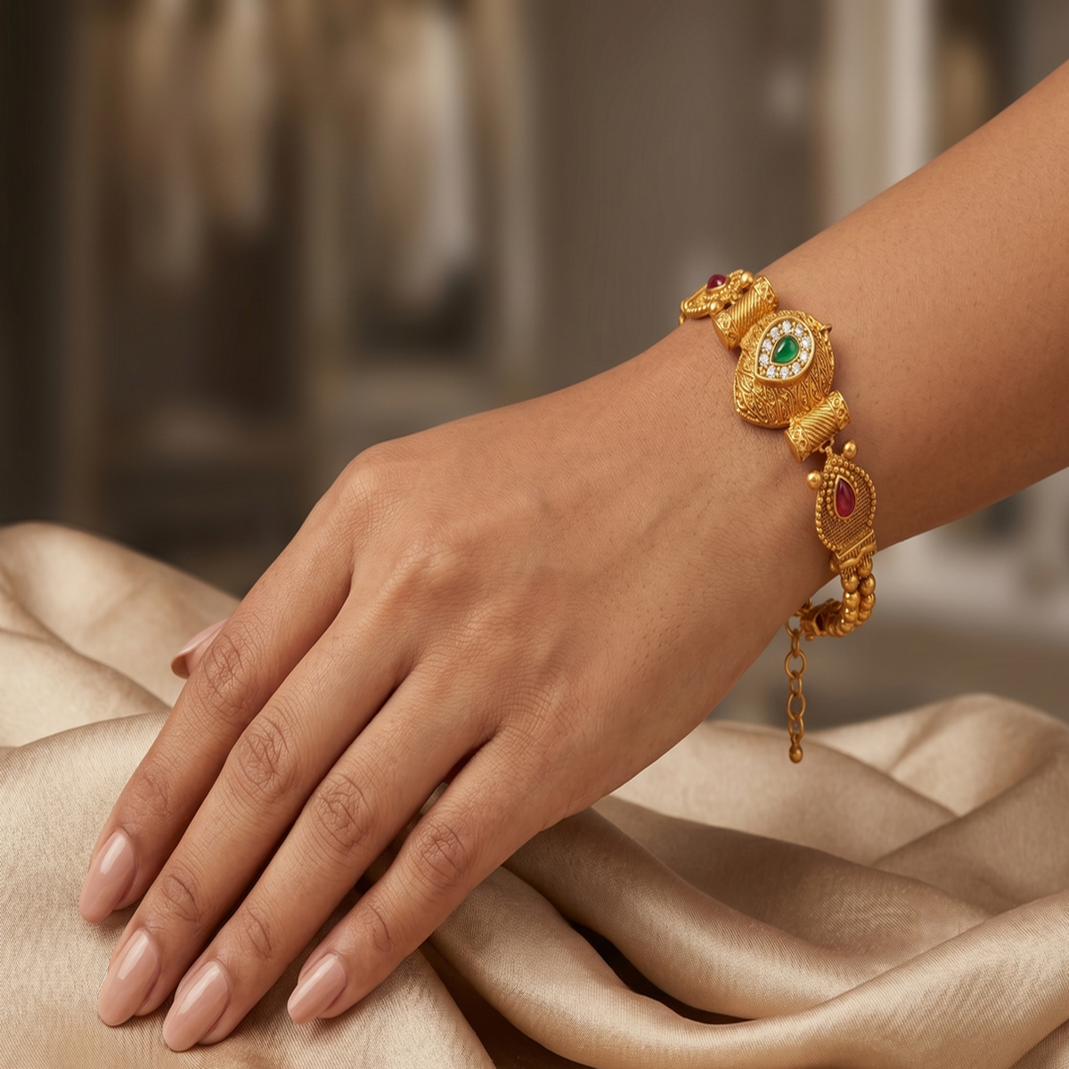 DIVYORO VINTAGE-INSPIRED GOLD BRACELET WITH CENTRAL TEARDROP STONE