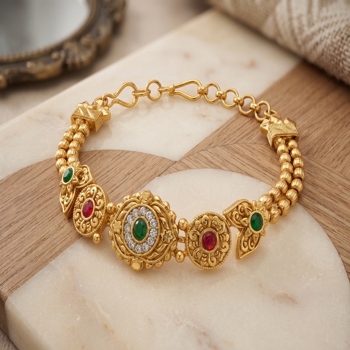 DIVYORO INTRICATE FILIGREE GOLD BRACELET WITH GEMSTONE CLUSTER