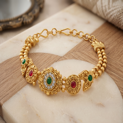 DIVYORO INTRICATE FILIGREE GOLD BRACELET WITH GEMSTONE CLUSTER