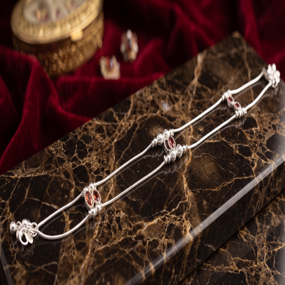 DIVYORO SILVER PLATED PAYAL WITH SQUARE RUBY AND DIAMOND BORDER