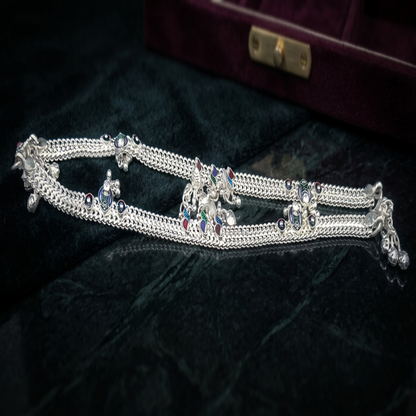 DIVYORO DELICATE SILVER ANKLET WITH MINIMALIST GREEN STONE EMBELLISHMENTS