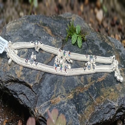 DIVYORO DELICATE SILVER ANKLET WITH MINIMALIST GREEN STONE EMBELLISHMENTS