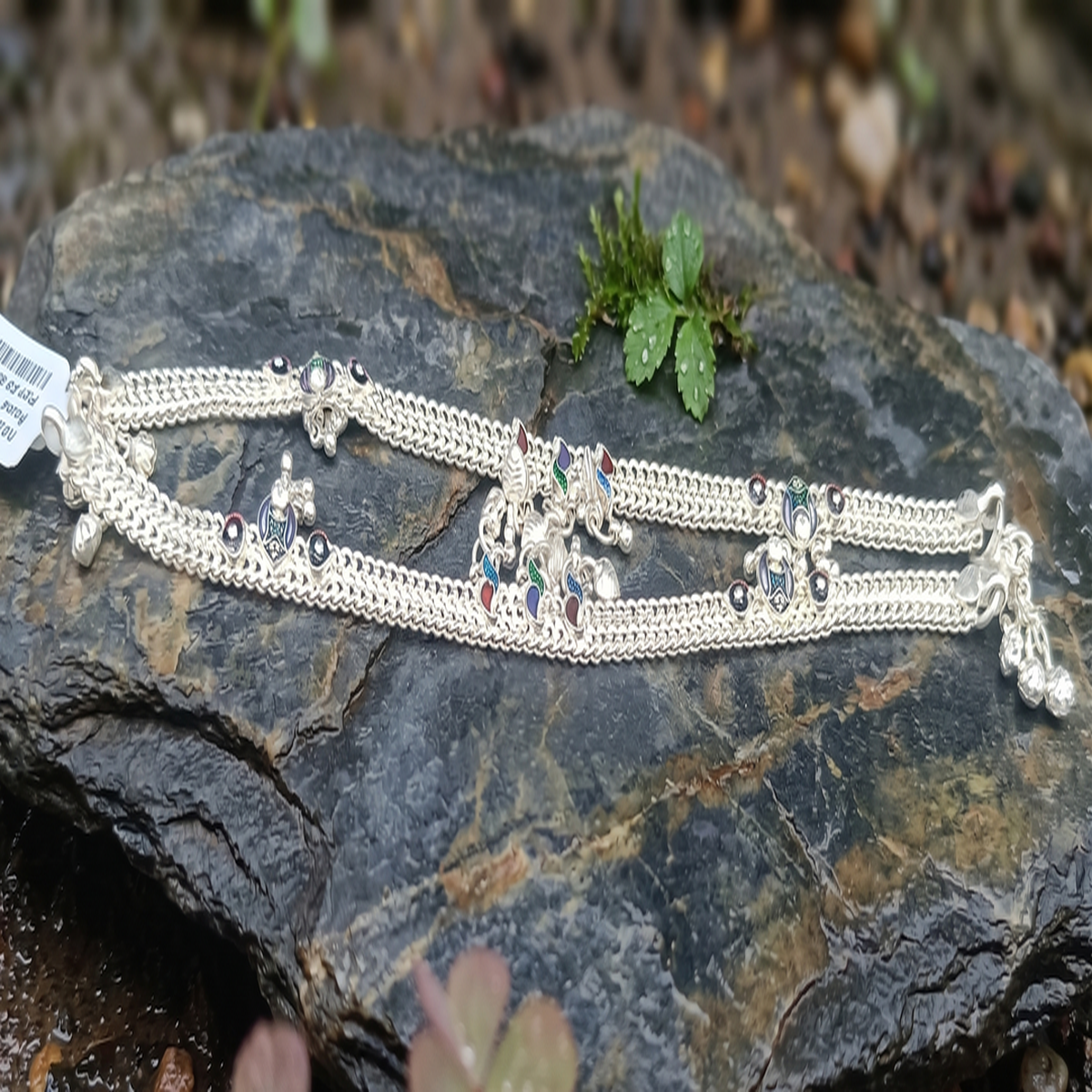 DIVYORO DELICATE SILVER ANKLET WITH MINIMALIST GREEN STONE EMBELLISHMENTS