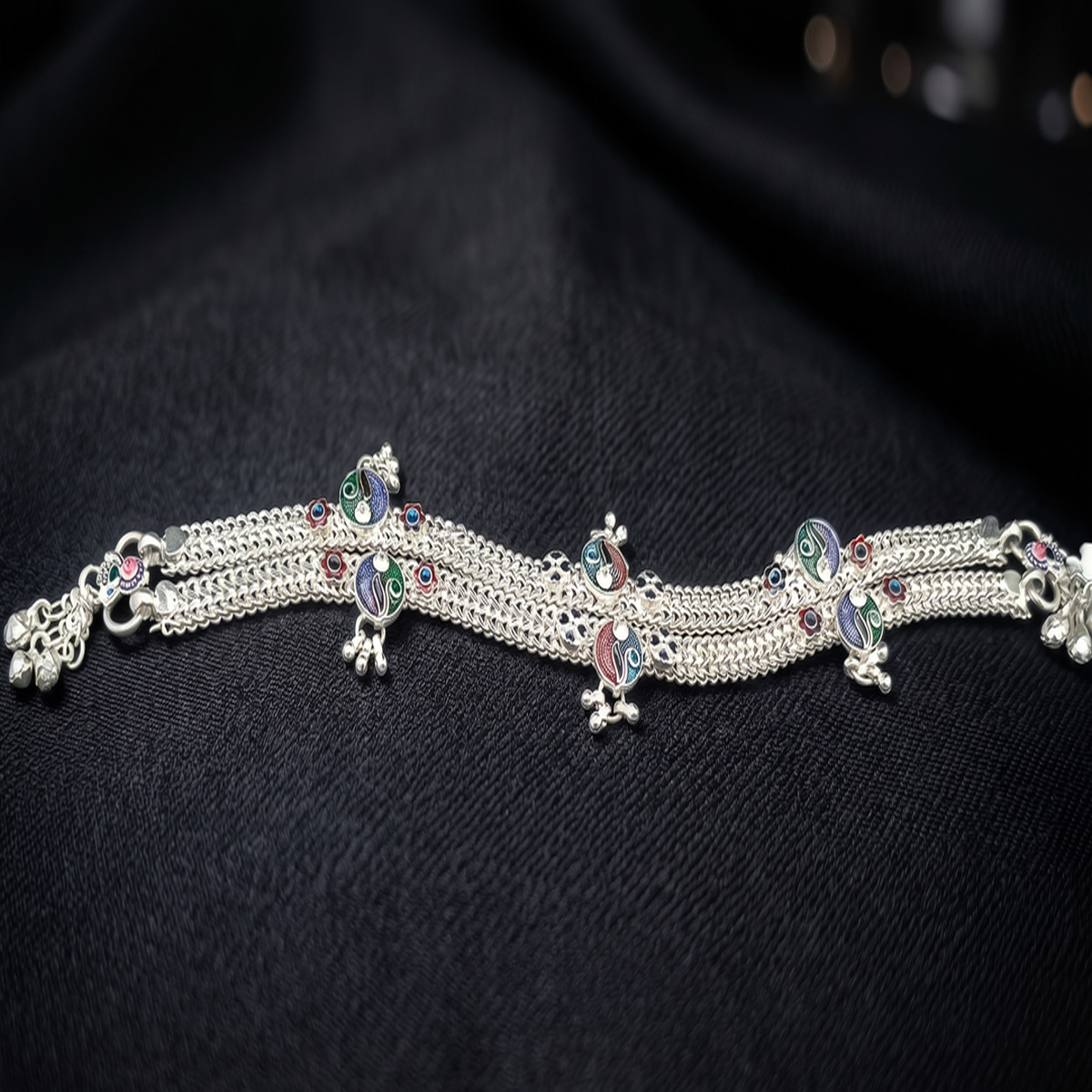 DIVYORO LAYERED SILVER ANKLET WITH INTRICATE FLORAL MOTIF DETAILING