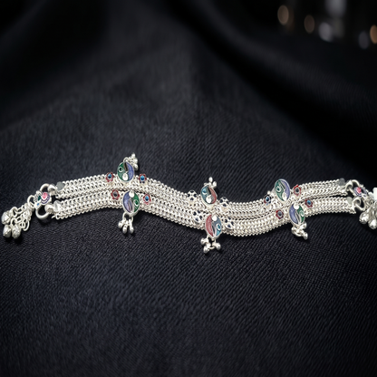 DIVYORO LAYERED SILVER ANKLET WITH INTRICATE FLORAL MOTIF DETAILING