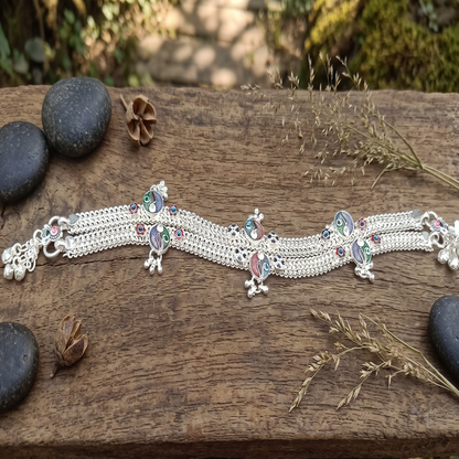 DIVYORO LAYERED SILVER ANKLET WITH INTRICATE FLORAL MOTIF DETAILING