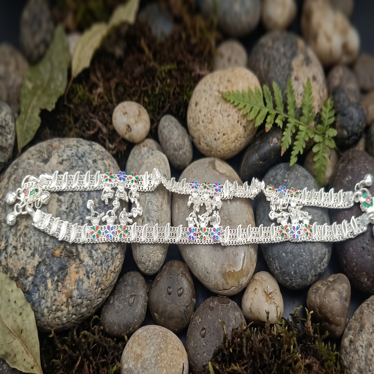 DIVYORO TRADITIONAL SILVER CHAIN ANKLET WITH EMBELLISHED JHUMKA DROPS
