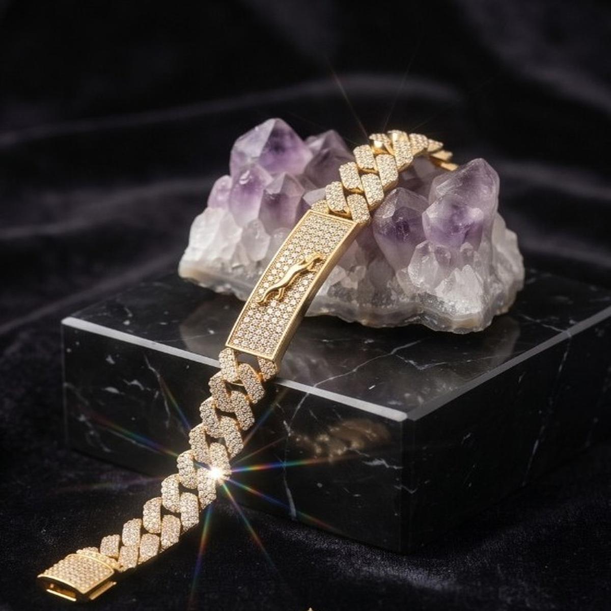 DIVYORO MEN'S GOLD-PLATED PAVE CUBAN LINK ID BRACELET WITH PANTHER ACCENT