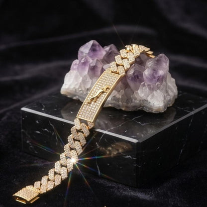 DIVYORO MEN'S GOLD-PLATED PAVE CUBAN LINK ID BRACELET WITH PANTHER ACCENT