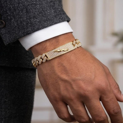 DIVYORO MEN'S GOLD-PLATED PAVE CUBAN LINK ID BRACELET WITH PANTHER ACCENT
