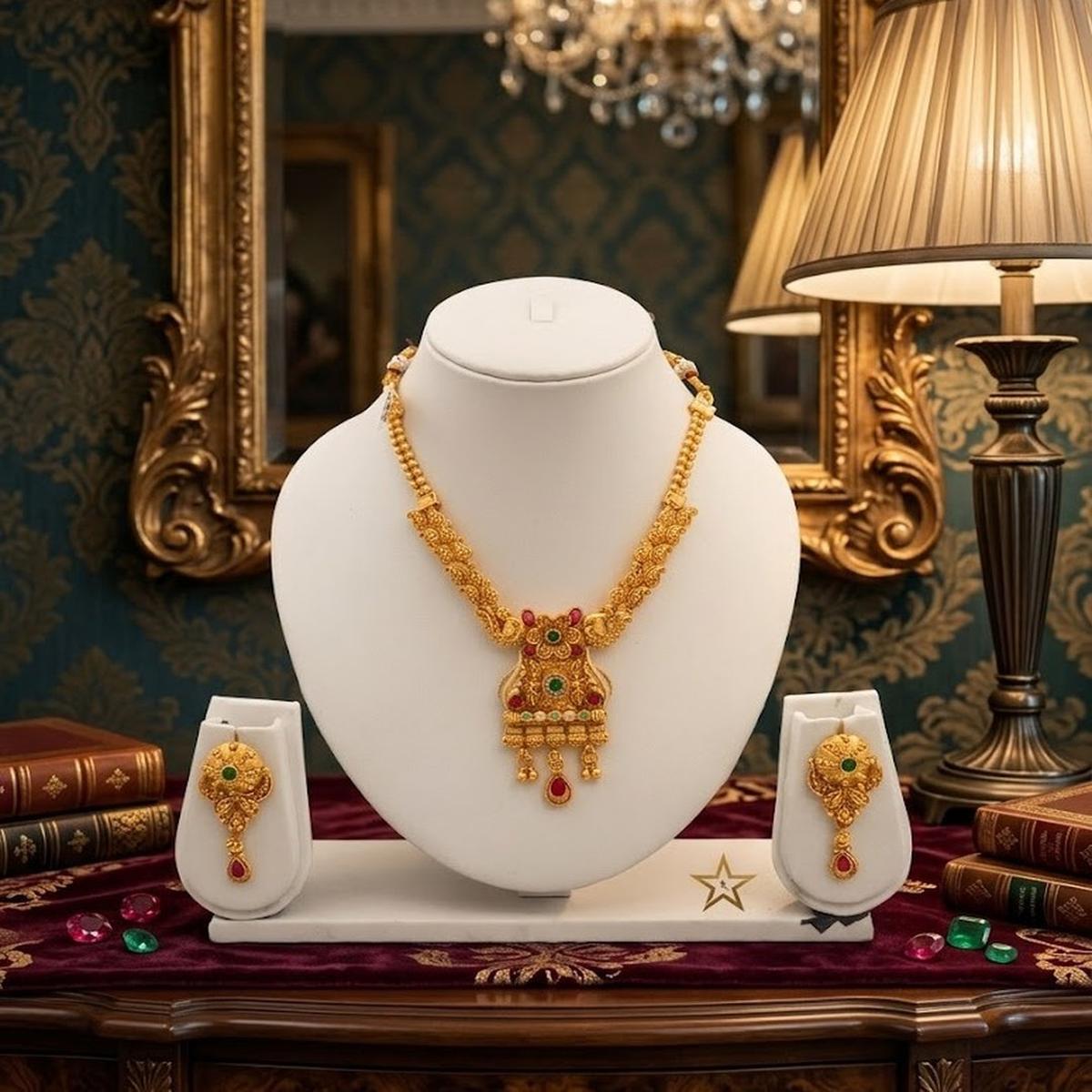 DIVYORO HERITAGE STYLE ANTIQUE GREEN AND RED STONE INLAYS