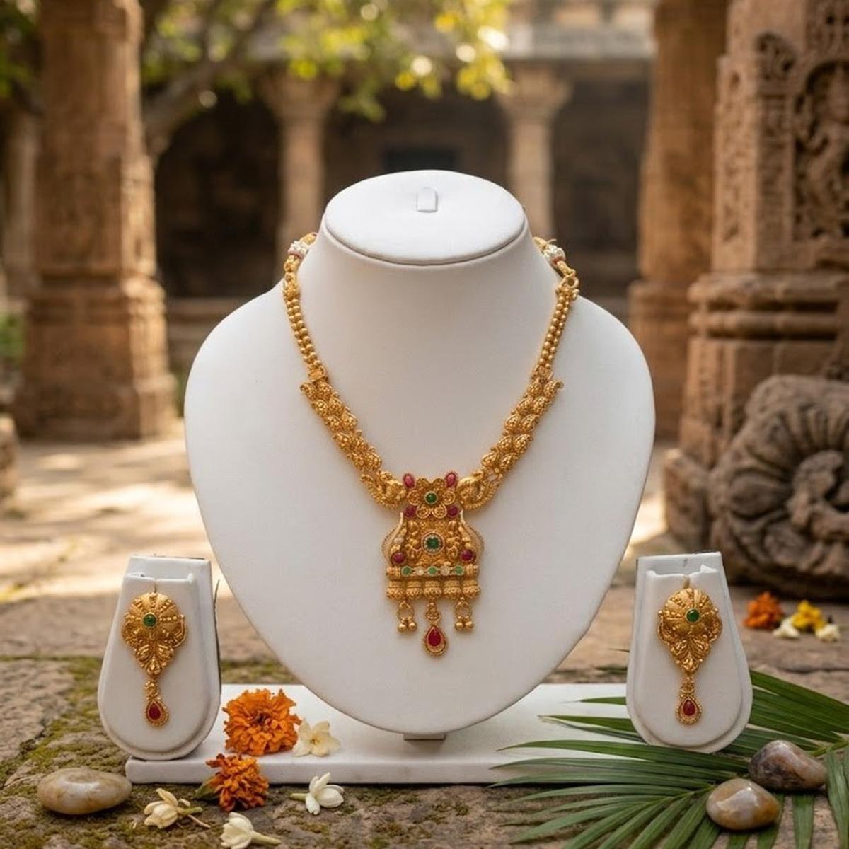 DIVYORO HERITAGE STYLE ANTIQUE GREEN AND RED STONE INLAYS