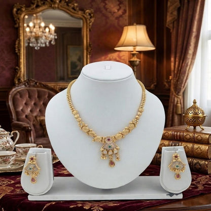 DIVYORO TRADITIONAL ANTIQUE GOLD NECKLACE SET WITH RUBY AND EMERALD ACCENTS