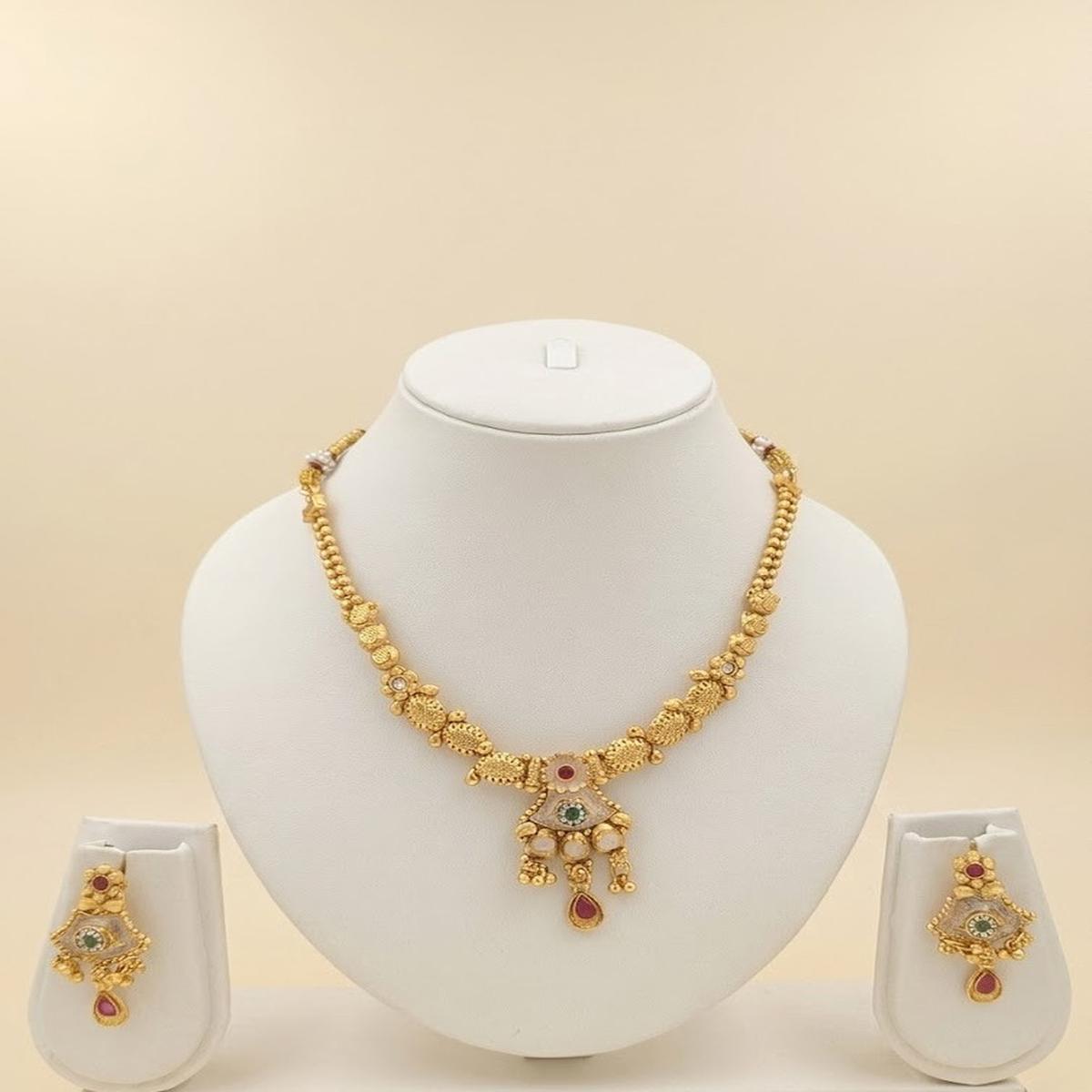 DIVYORO TRADITIONAL ANTIQUE GOLD NECKLACE SET WITH RUBY AND EMERALD ACCENTS