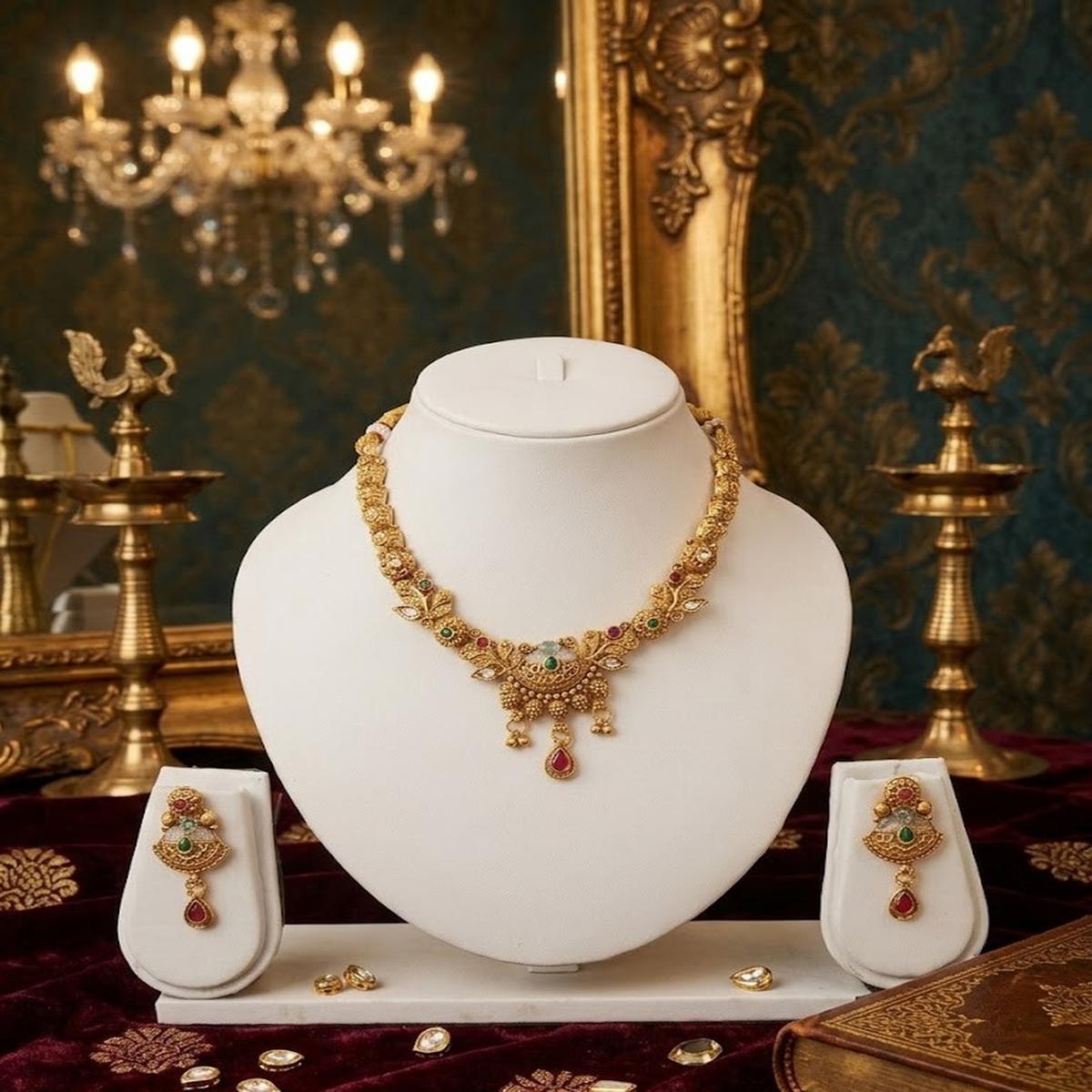 DIVYORO ELEGANT ANTIQUE GOLD NECKLACE AND EARRING SET WITH INTRICATE DROPS