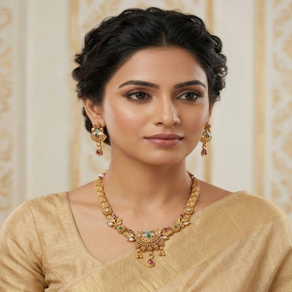 DIVYORO ELEGANT ANTIQUE GOLD NECKLACE AND EARRING SET WITH INTRICATE DROPS
