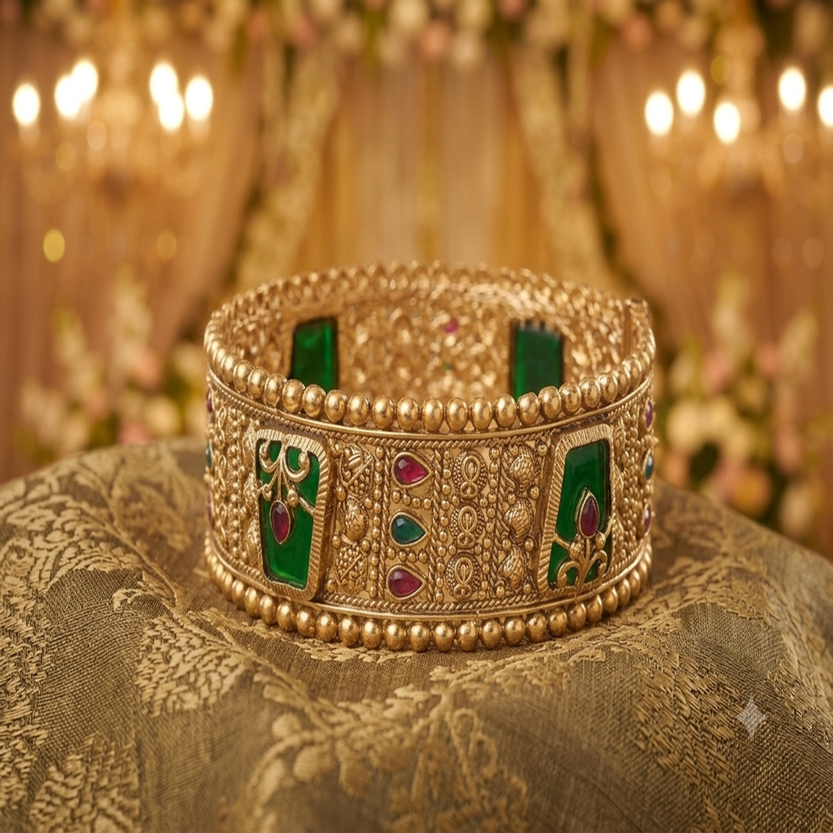 DIVYORO INTRICATE FILIGREE ANTIQUE GOLD HINGED BANGLE WITH FLORAL ENAMEL WORK