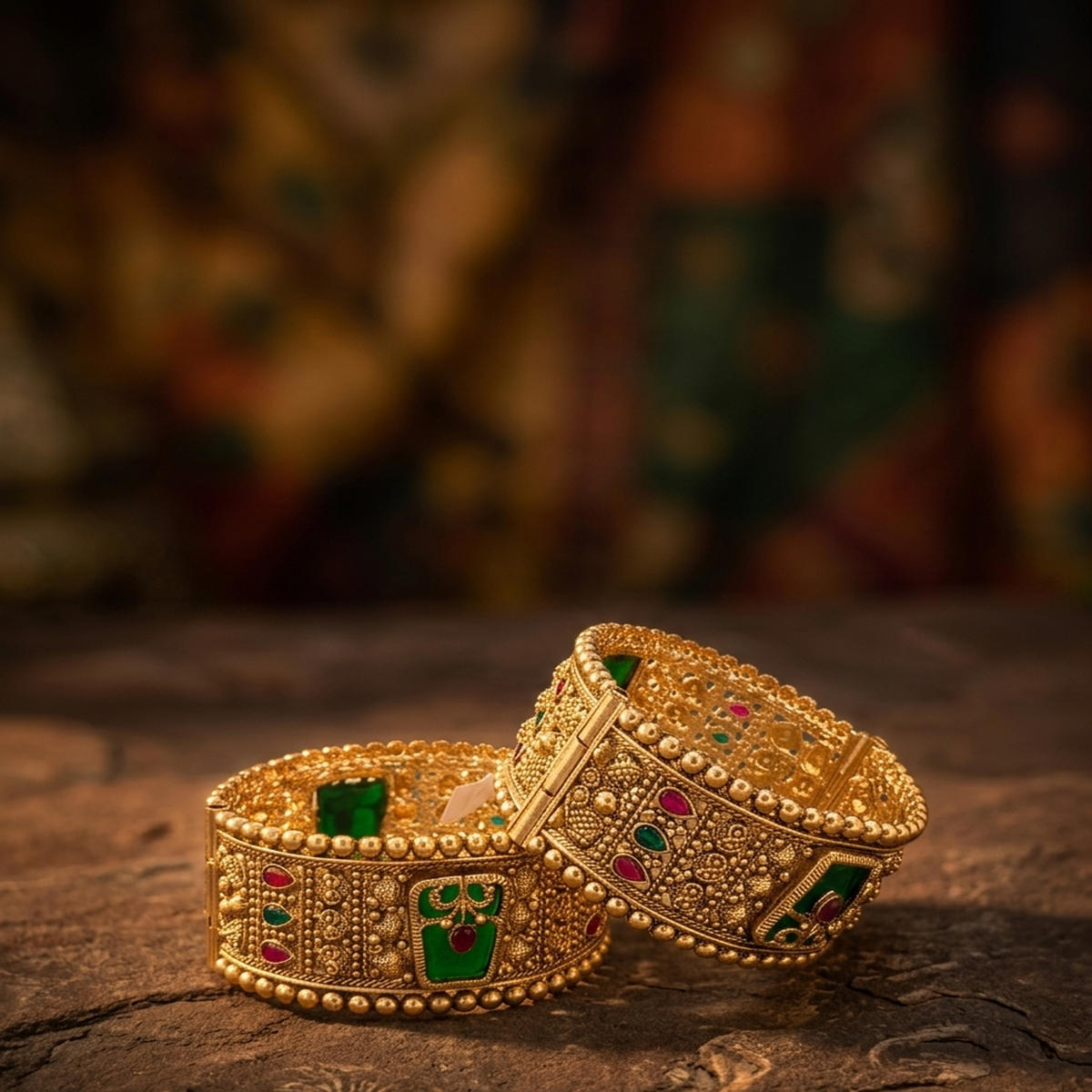 DIVYORO INTRICATE FILIGREE ANTIQUE GOLD HINGED BANGLE WITH FLORAL ENAMEL WORK