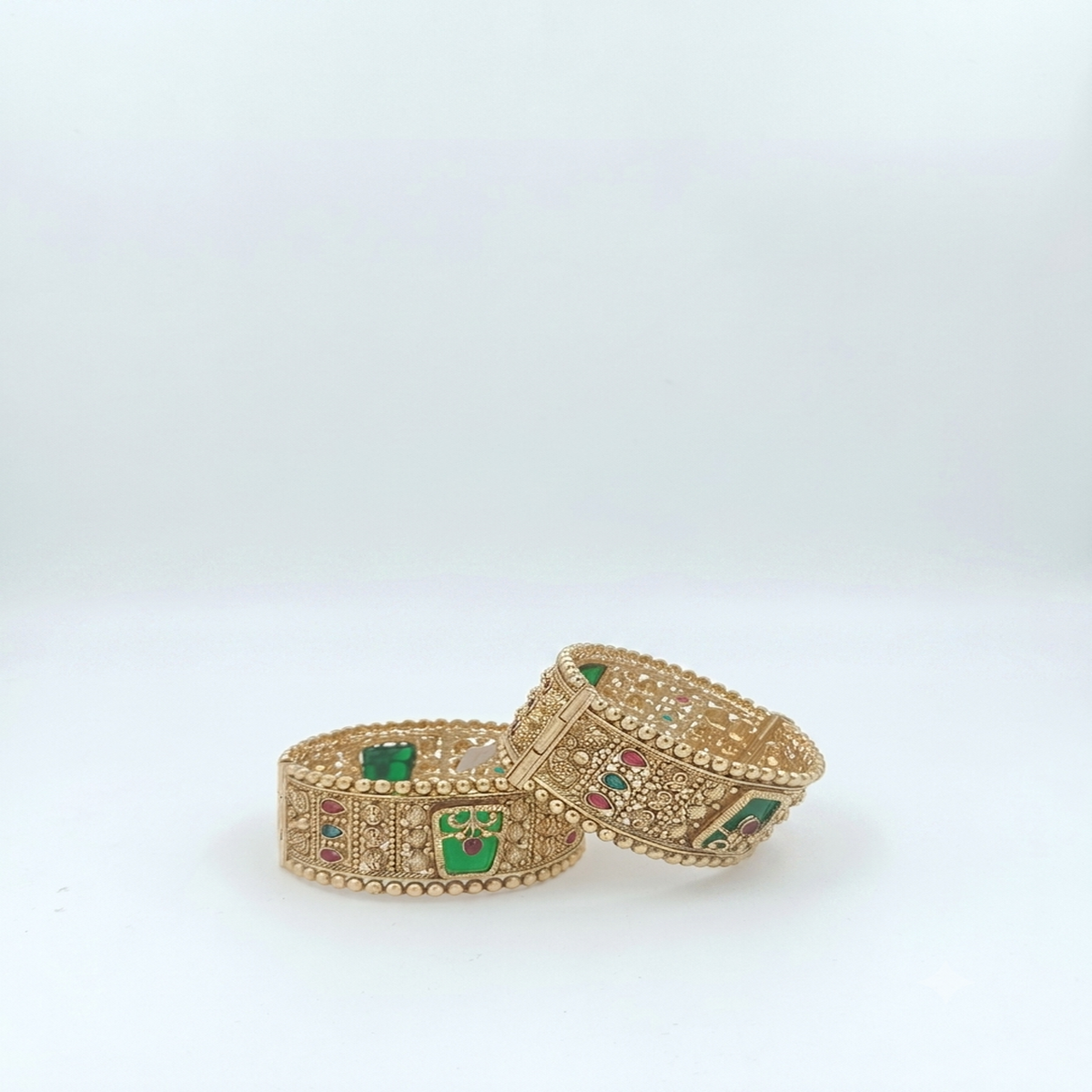 DIVYORO INTRICATE FILIGREE ANTIQUE GOLD HINGED BANGLE WITH FLORAL ENAMEL WORK