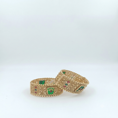DIVYORO INTRICATE FILIGREE ANTIQUE GOLD HINGED BANGLE WITH FLORAL ENAMEL WORK