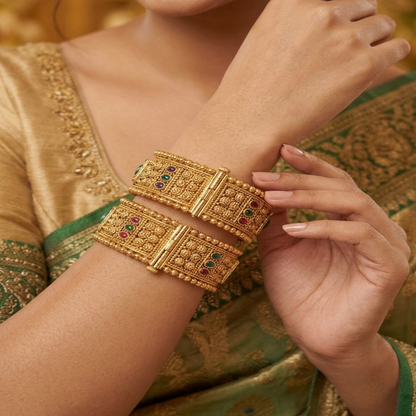 DIVYORO INTRICATE FILIGREE ANTIQUE GOLD HINGED BANGLE WITH FLORAL ENAMEL WORK