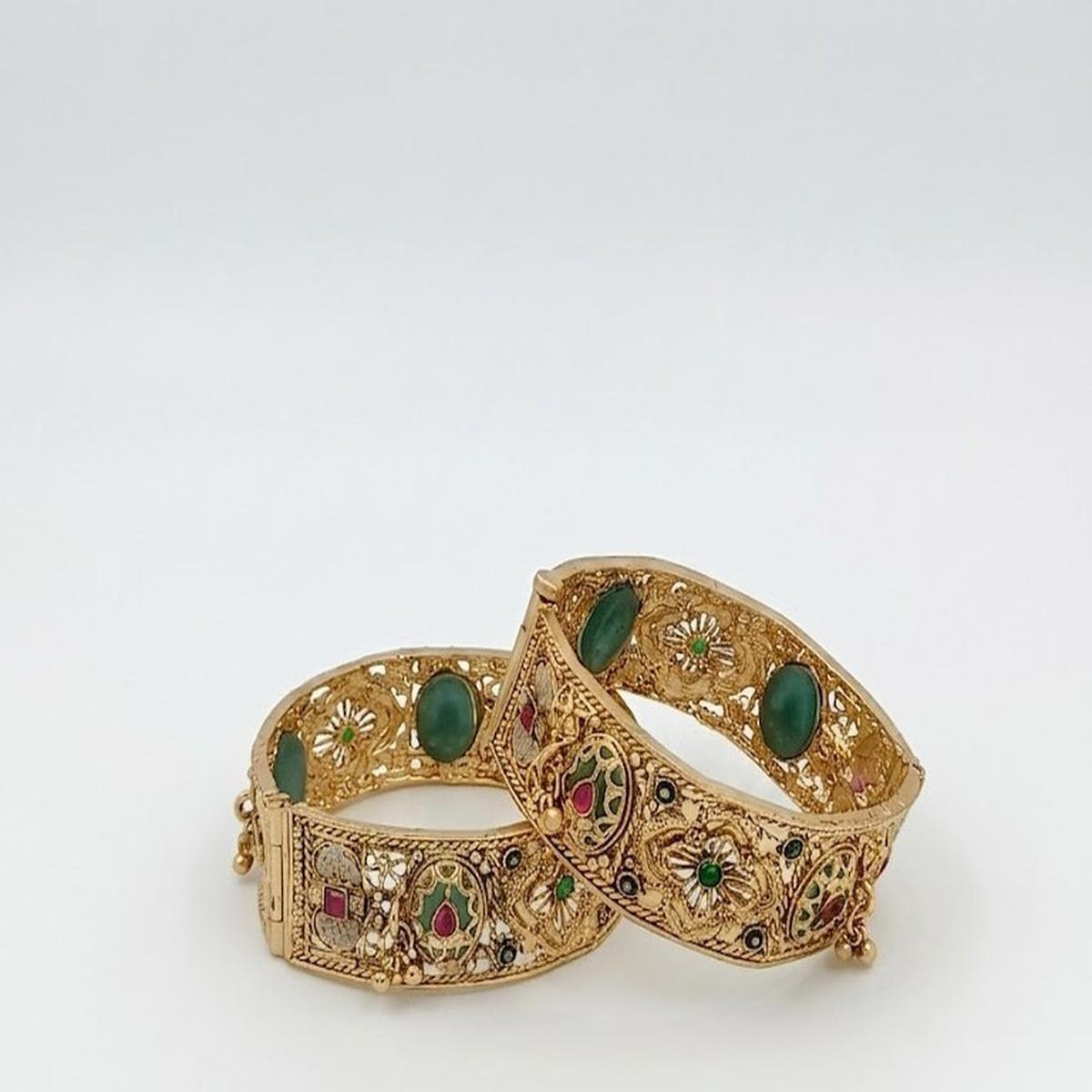DIVYORO ORNATE ANTIQUE GOLD BANGLE WITH MULTICOLOR GEMSTONE ACCENTS