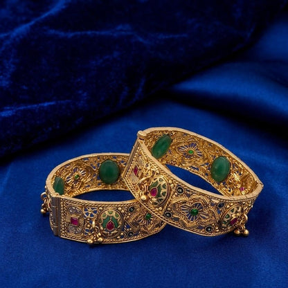 DIVYORO ORNATE ANTIQUE GOLD BANGLE WITH MULTICOLOR GEMSTONE ACCENTS
