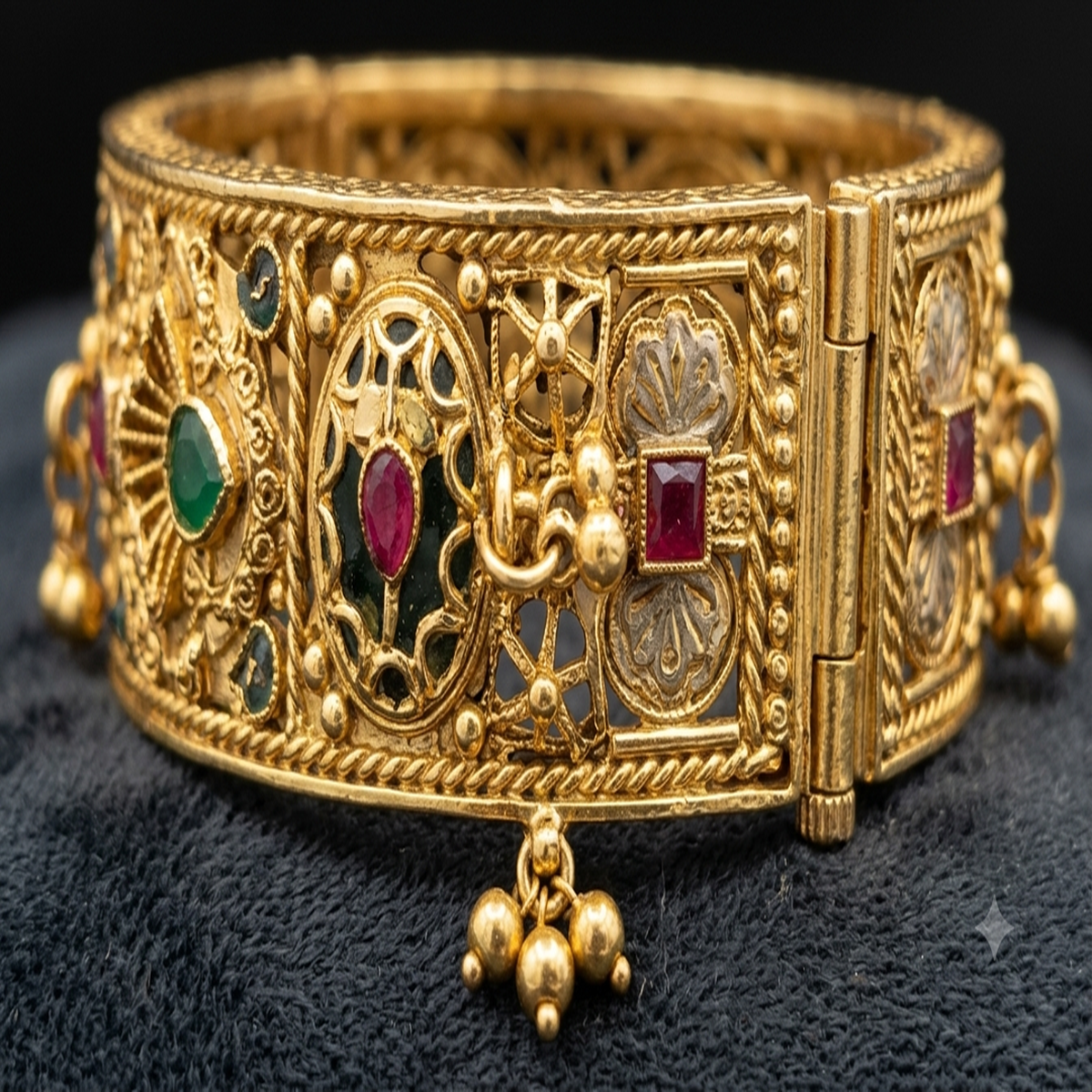 DIVYORO ORNATE ANTIQUE GOLD BANGLE WITH MULTICOLOR GEMSTONE ACCENTS